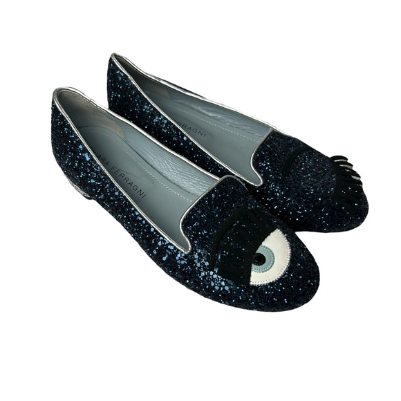 Chiara Ferragni Shoes - Chiara Ferragni Size 36 Flirting Glitter Wink Eye Loafer Shoes Blue Silver